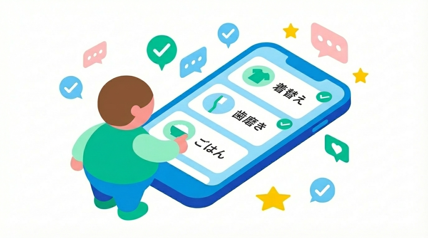 フラットなベクターイラスト。白背景。子どもがスマートフォンの大きな絵カードを指でタップしている瞬間。子どもは抽象化された丸みのある人物。スマホ画面には朝の支度のステップカード（着替え・歯磨き・ごはん）が並ぶ。ミントグリーン(#00B894)と青(#0073cc)とソフトピンクを差し色。周囲にチェックマーク・星・吹き出しのアイコンが軽やかに浮遊。線は使わずシンプルなシェイプのみ、明るく親しみやすいトーン。アイソメトリック寄りの構図