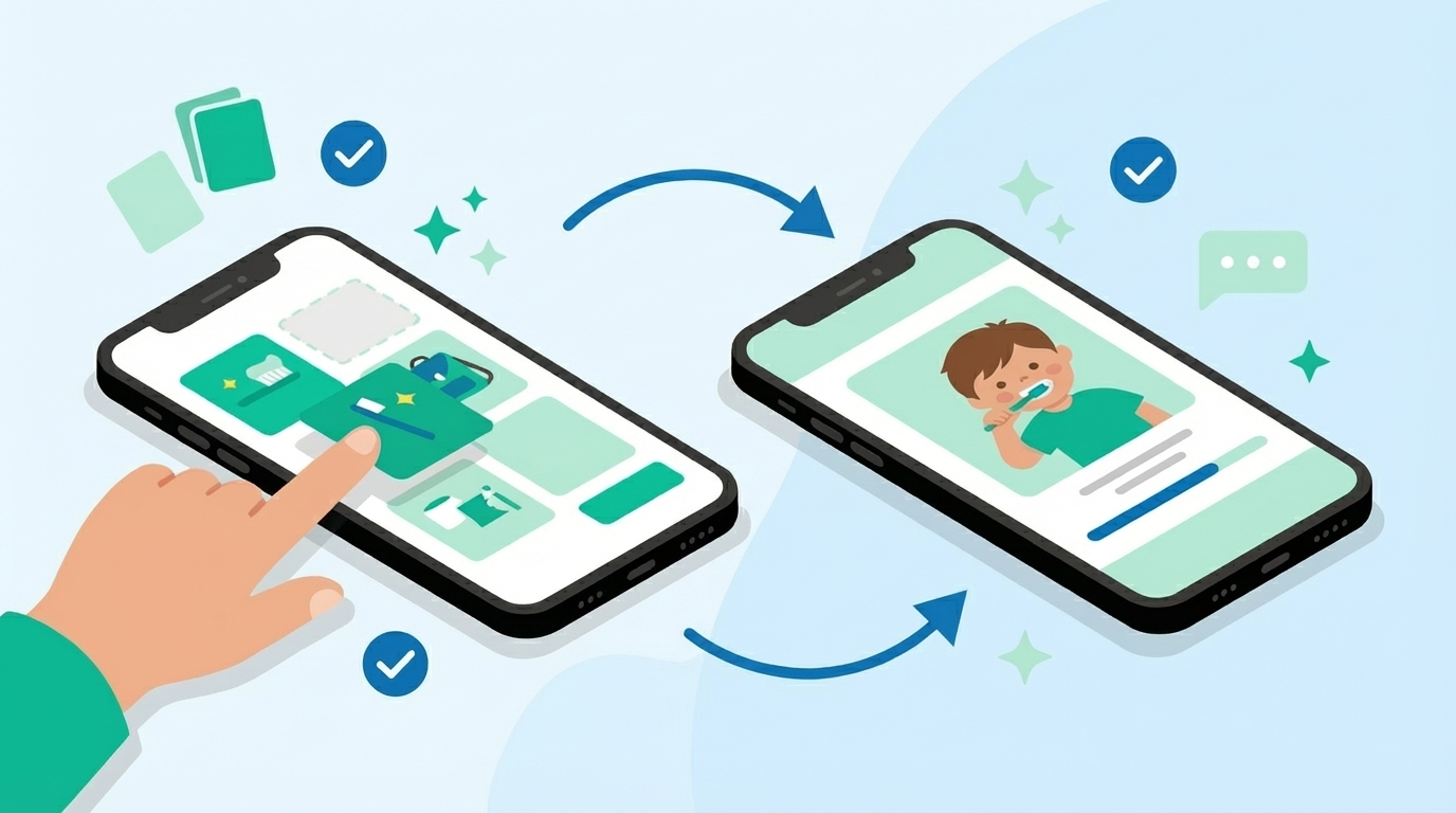フラットなベクターイラスト。白背景。2台のスマートフォンがアイソメトリックに並ぶ。左のスマホには保護者用の編集画面（ステップカードを指で並べ替えている様子）、右のスマホには子ども用の実行画面（大きな絵カードが1枚表示）。両者の間に矢印やキラキラのアクセント。ミントグリーン(#00B894)と青(#0073cc)とソフトピンクを差し色。周囲にカード・チェックマーク・吹き出しのアイコンが軽やかに浮遊。線は使わずシンプルなシェイプのみ、明るく親しみやすいトーン