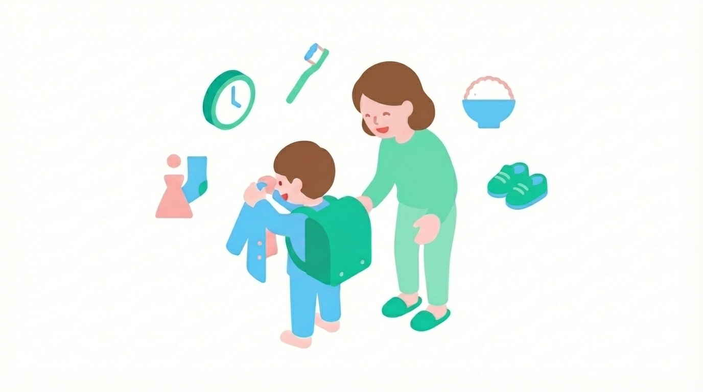 フラットなベクターイラスト。白背景。朝の支度をする親子のシーン：パジャマから着替えてランドセルを背負う子どもと、笑顔で見守る親。ミントグリーン(#00B894)と青(#0073cc)とソフトピンクを差し色にした、抽象化された丸みのある人物。周囲に時計・歯ブラシ・ごはん茶碗・くつのアイコンが軽やかに浮遊。線は使わずシンプルなシェイプのみ、明るく親しみやすいトーン。アイソメトリック寄りの構図