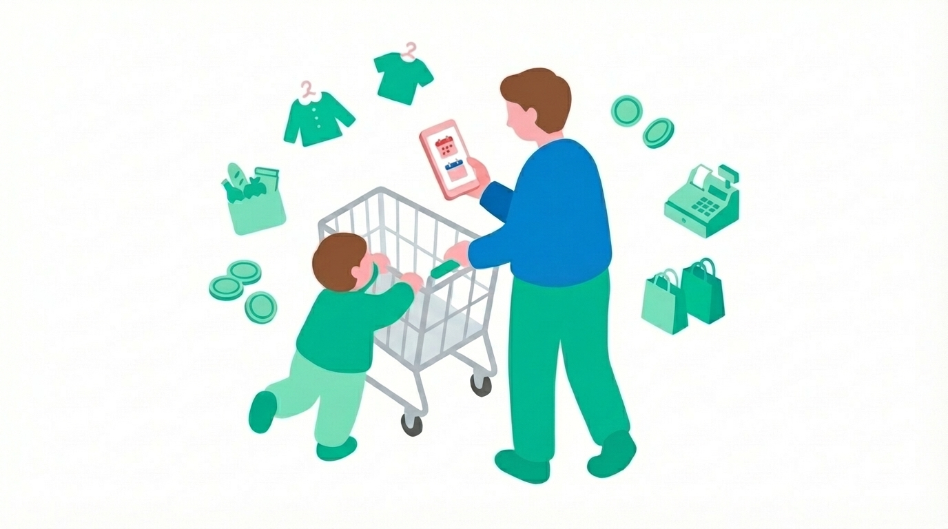 フラットなベクターイラスト。白背景。お店でショッピングカートを押す親子のシーン：子どもがカートに掴まり、親がスマホを持って予定を見せている。ミントグリーン(#00B894)と青(#0073cc)とソフトピンクを差し色にした抽象化された人物。周囲に商品・コイン・買い物袋・レジのアイコンが軽やかに浮遊。線は使わずシンプルなシェイプのみ、明るく親しみやすいトーン。アイソメトリック寄りの構図